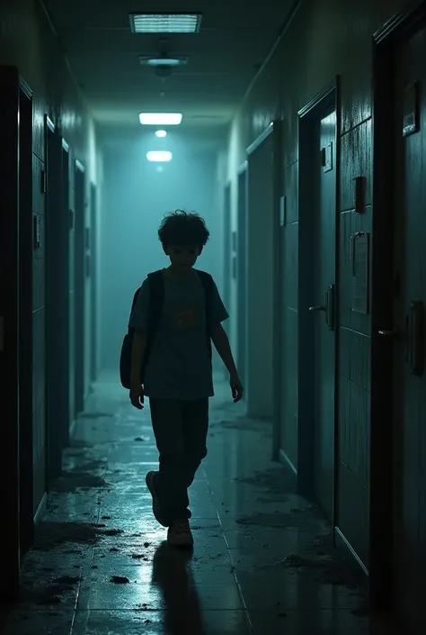 create an image about someone who has just entered high school who is solving mysteries in his school where there was a blackout and all the people disappeared and he has to figure out why and in this he finds abandoned rooms and in this scene he was in th...