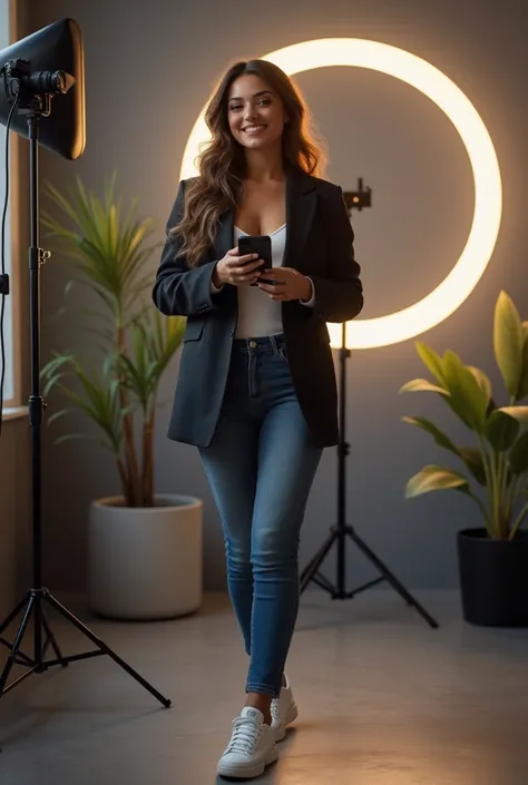 Le modCreate an image of a stylish and trendy female influencer, standing in a modern, well-lit environment. She has long wavy hair, wearing fashionable clothes like a sleek blazer over a casual top, paired with skinny jeans and stylish sneakers. Shes hold...