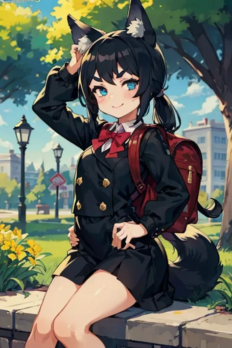 young girl with black hair, long twintail, twintail hairstyle, (blue eyes), ((small bushy eyebrows)), (wolf ears up), wearing go...