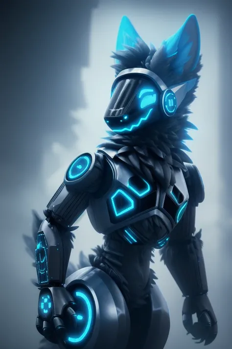 a cute blue protogen, detailed face, large expressive eyes, cute expression, protogen robot, intricate mechanical details, glowing neon blue accents, highly detailed, 8k, photorealistic, cinematic lighting, volumetric fog, elegant pose, beautiful colors, d...