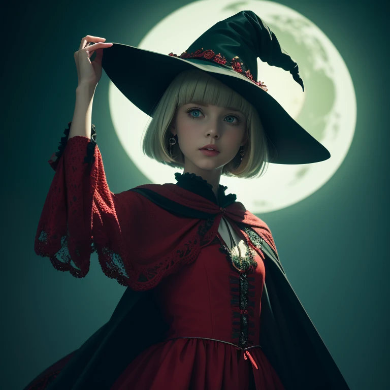 Aria is a young girl, petite blonde girl with medium length hair in a bowl cut and green eyes, She has a thin frame and always wears earrings that hang down., Her witch outfit consists of her witch hat, a primarily red pointed hat with a round, green cryst...