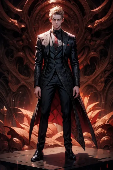 ((Young man)), um Young man de cabelos pretos caindo pelo rosto, His eyes are red with a horizontal and vertical pupil forming a cross, the iris is red, black pupils, detailed eyes, pretty face, full body, wearing a tailored black suit, full body