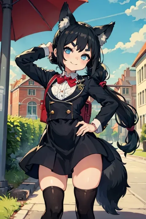 young girl with black hair, long twintail, twintail hairstyle, (blue eyes), ((small bushy eyebrows)), (wolf ears up), wearing go...