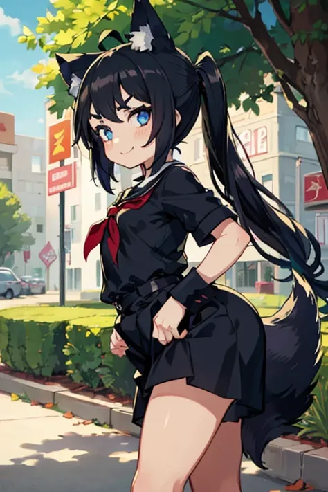 young girl with black hair, long twintail, twintail hairstyle, (blue eyes), ((small bushy eyebrows)), (wolf ears up), wearing go...