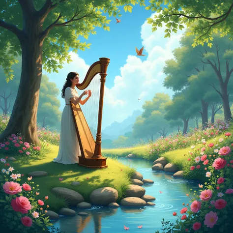 In the heart of a garden bursting with blooming flowers, a musician softly strums a harp. The sound flows like crystal-clear water dancing over the smooth stones of a nearby stream. Tall, lush trees provide a cool, soothing shade, while birds chirp joyfull...