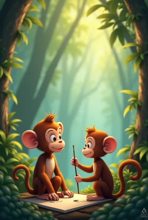 A monkey watching another monkey drawing
