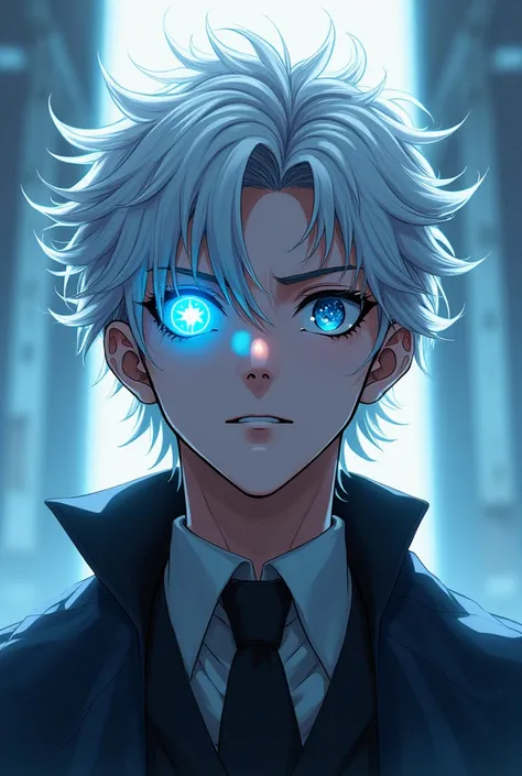 tall man, messy white hair.two blue eyes. Alone, short hair, fringe, shine, Backlighting, abstract, best quality, Necessary, detail, Super Detail, bright light, digital art, anime art, bright eyes, high quality. Symbol in left eye glowing blue. moreno. blu...