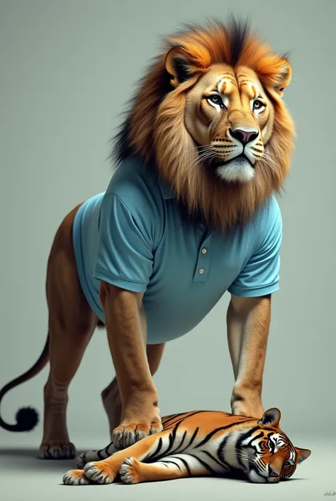 Lion in a light blue polo shirt stepping on a dead tiger
