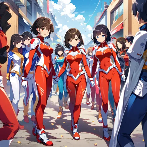 super sentai series, hero suits, girls surrounding, multiple girls, 