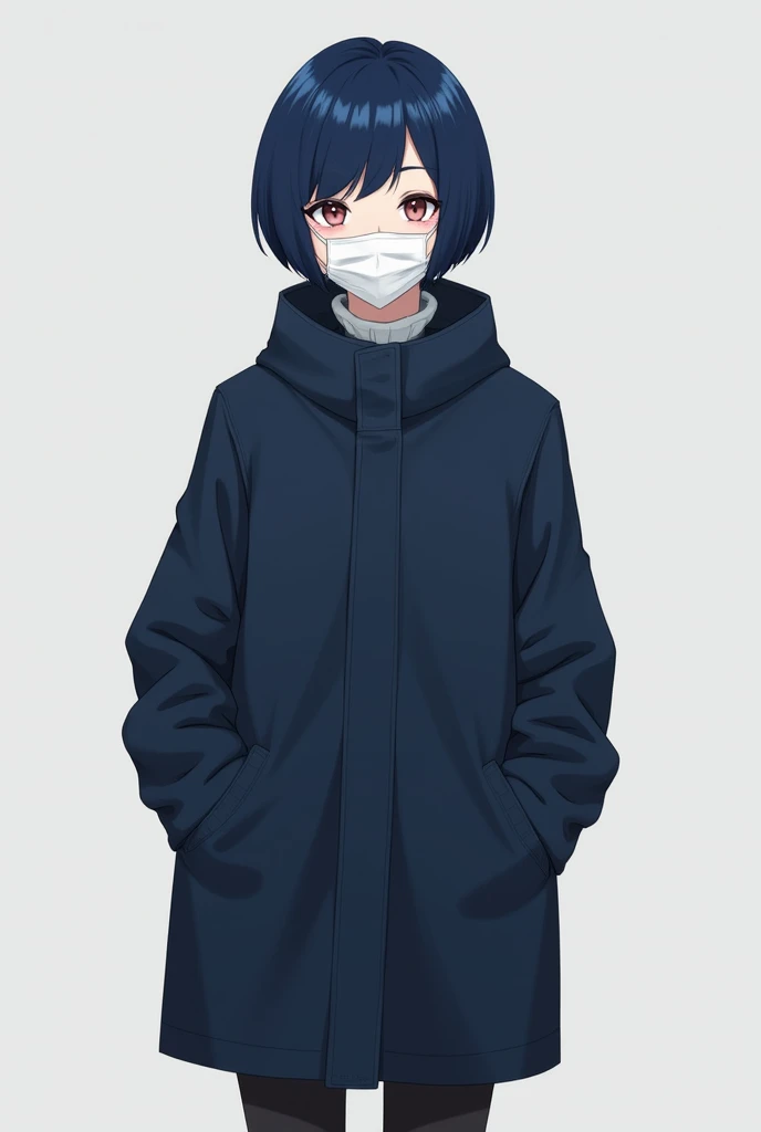 Girl with short navy blue hair wearing a navy parka with a white face mask 