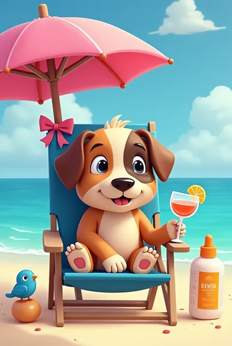 A cute dog is sitting on a blue beach chair and under a pink umbrella with a bow on the end, holding a fancy drink with one paw, with his lower paws crossed, he is brown in color with his fur around one black eye and the other white eye, next to it with a ...