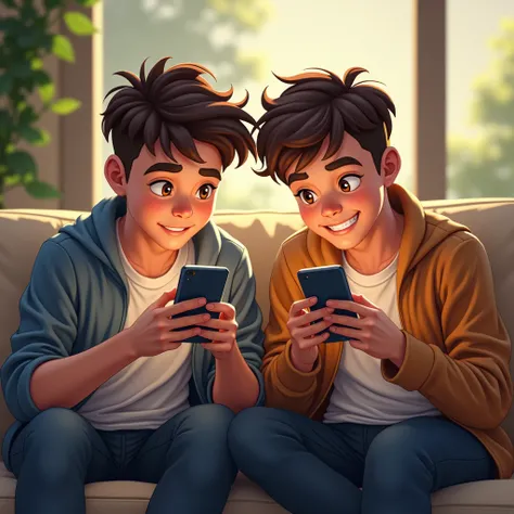 two teenage boys on school break, playing on cell phone