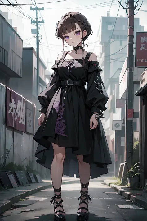 ((nice with you)), Short Hair, Braided Hair, Brown Hair, Purple eyes, bangs, woman, Alone, Gothic Punk, Spiked Choker, bracelet, Big ribbon, masterpiece、Cityscape background、Graffiti wall, full body