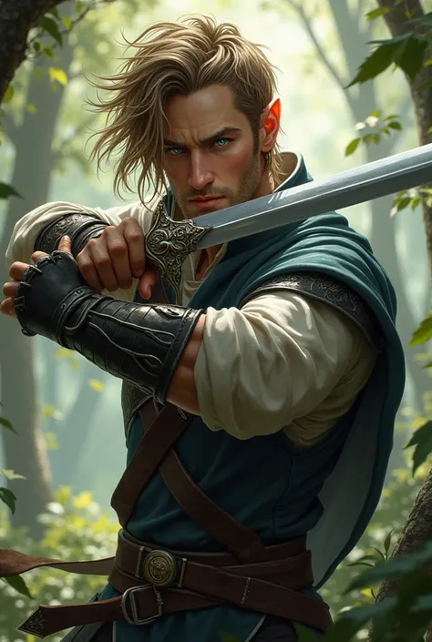 Male elf with messy light brown hair and bright sapphire blue eyes holding a sword
