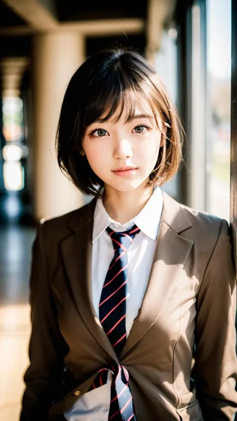 (High school uniform light brown blazer:1.2)、(Ribbon tie)、(Brown Hair:1.2)、(Medium Short Hair:1.2)、Professional Portrait、In the school hallway、Natural light at 3pm、