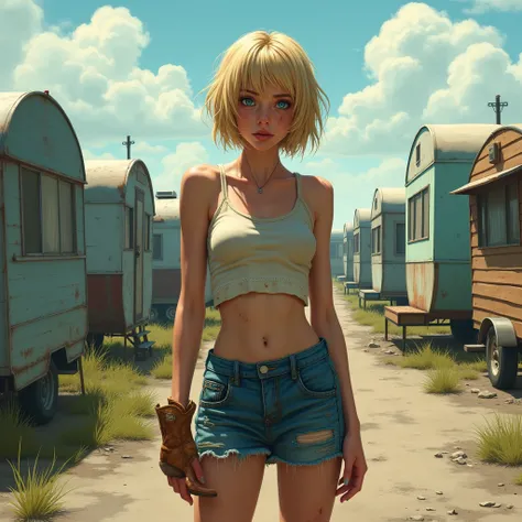 blue eyes, blonde hair, ruined makeup, (extremely detailed CG unity 4k wallpaper),(masterpiece),(best quality),(ultra-detailed),(best illustration),(best shadow),(absurdres),(detailed background), Trailer park trash, Short blonde hair (very Messy), Croptop...