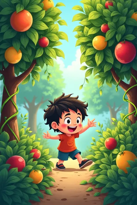 Cartoon image of a child controlling weeds in a fruit plantation