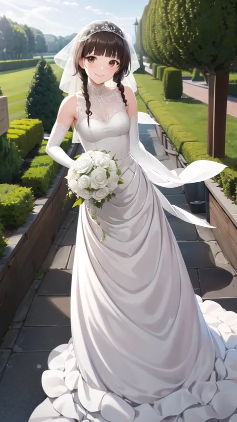 masterpiece, best quality, highres, aayoshino, long hair, twin braids, brown eyes, hair over shoulder, wedding dress, white dress, white gloves, elbow gloves, garden, standing, holding bouquet, smile,