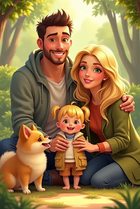  Male Pomeranian yellow with brown, tall man brown hair brown eyes clean-shaven, Tall blonde woman with green eyes and her baby daughter who is blonde with green eyes and has her hair done in pigtails learning to walk. They are a super happy family.   