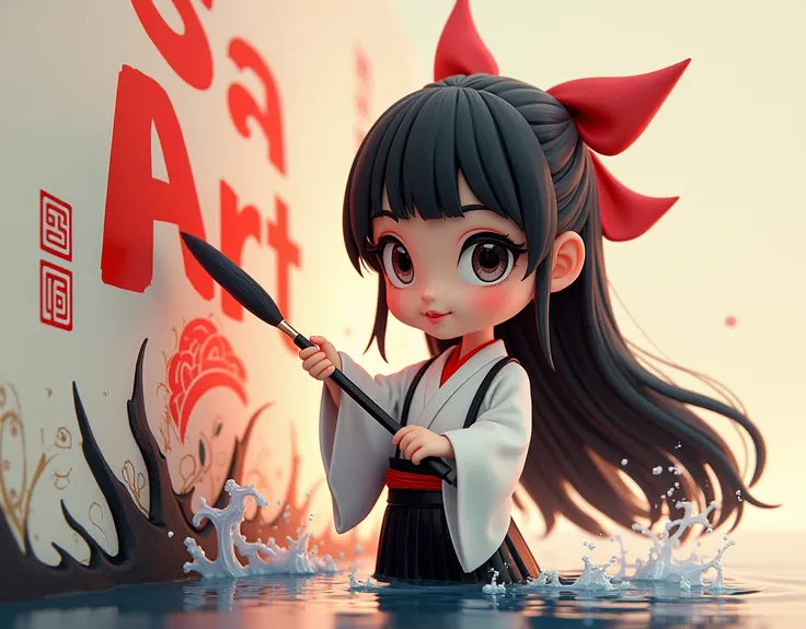 3D mascot chibi doll。Concept Art。A beautiful girl with big breasts wearing a white kimono, black hakama and a red harness-like sash tied around her body.。Long, straight black hair with a hime cut and a red hair ribbon。Holding a large, thick calligraphy bru...