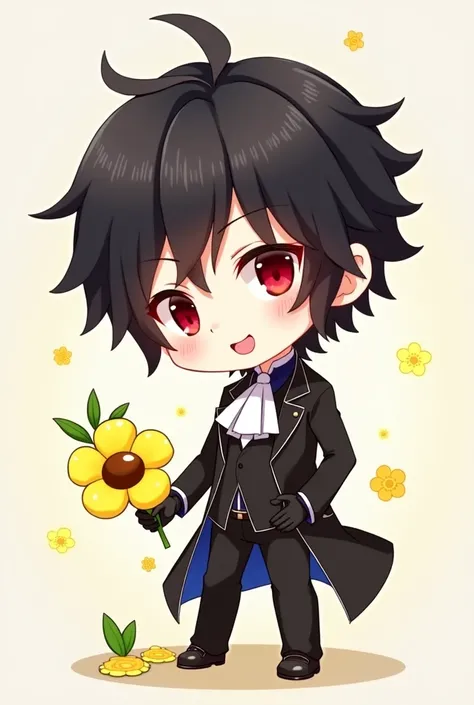 Sebastian Michaelis (character from the anime Black Butler )
Giving a yellow flower to the viewer Anime chibi version 