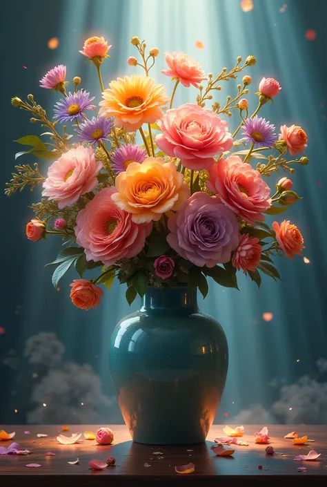 a vase of beautiful flowers,Surrealism, Art Deco, Impressionism, cinematic lighting, divine rays, 16k, UHD, masterpiece, super detail, high quality, best quality, high resolution, 16k