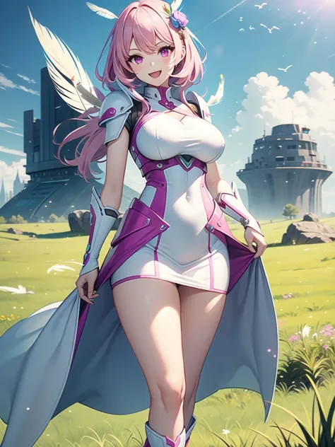 Adult female heroine of justice dressed in a glamorous pink and white sci-fi battle suit、Open Mouth Smile、Feather hair ornament、Big Breasts、solo、White miniskirt、Pink Hair、Purple Eyes、tall、Long legs、White boots、Thighs、Striking a cool pose、Blue sky and grass...