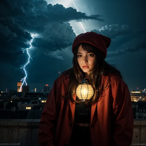 (<xml><input>realistic</input></xml>:0.2), anime illustration, 1 ,, red coat, big red hat, in Paris France, sfw, black pants, black office shirt,, Carmen healthcare,, blue sky,, long hair,, dramatic lightning, lights, epic lights, light on the face, backli...