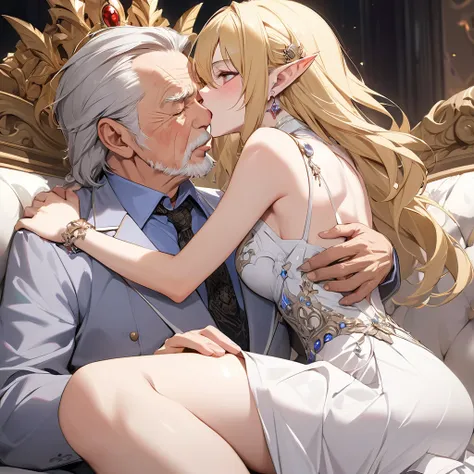 ((Best Quality)), ((masterpiece)), (detailed), （Perfect Face）、The woman is Seras Ashlain, a blonde elf queen wearing a gorgeous royal white dress, adorned with gorgeous jewelry and an engagement ring.、On a large, luxurious sofa, the woman embraces the elde...