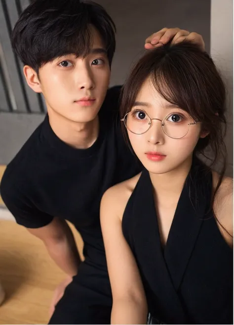 couple of friends, cute boy with big eyes, only more closed, pretty korean girl, It doesn&#39;t have to be too cute, with big eyes, with average faces, not too big and not too small, giving a smirk