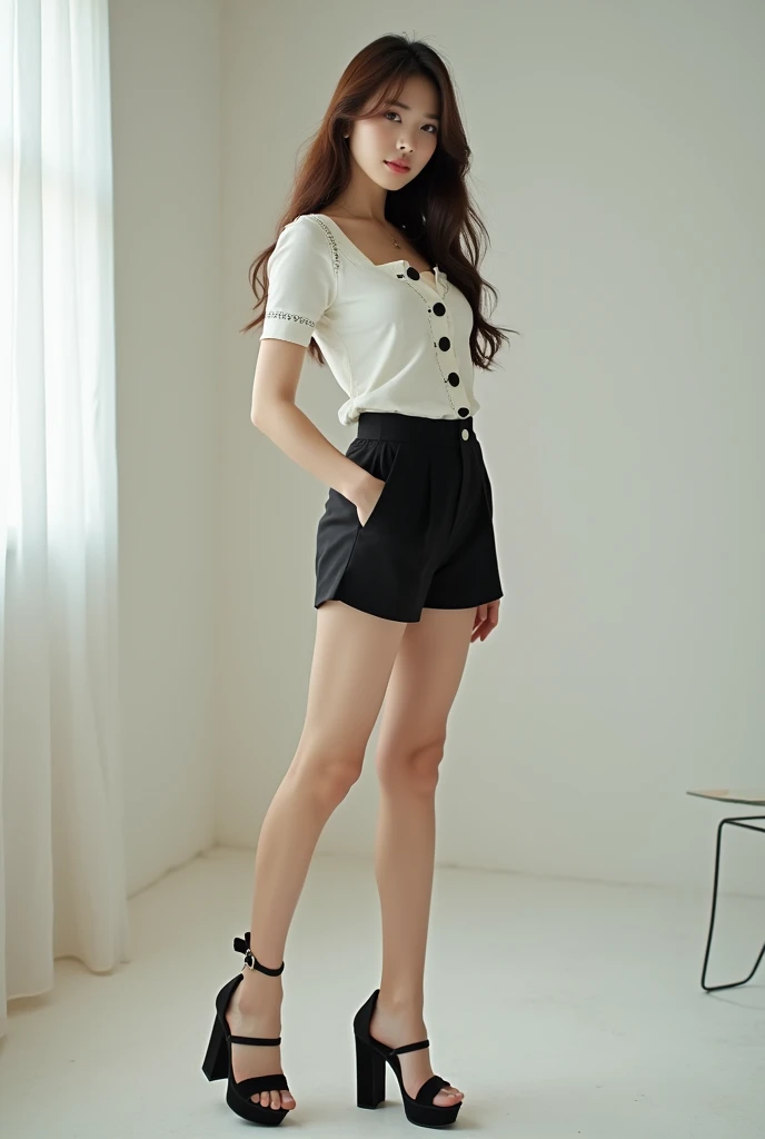 Real、Fukada Kyoko、Cute Japanese Women、Large breasts、Pale skin、Brown long hair、She is wearing a white short-sleeved top with black buttons, high waisted black shorts, High heel platform sandals, Sitting pose, Looking down, Smooth Skin, Indoor studio environ...