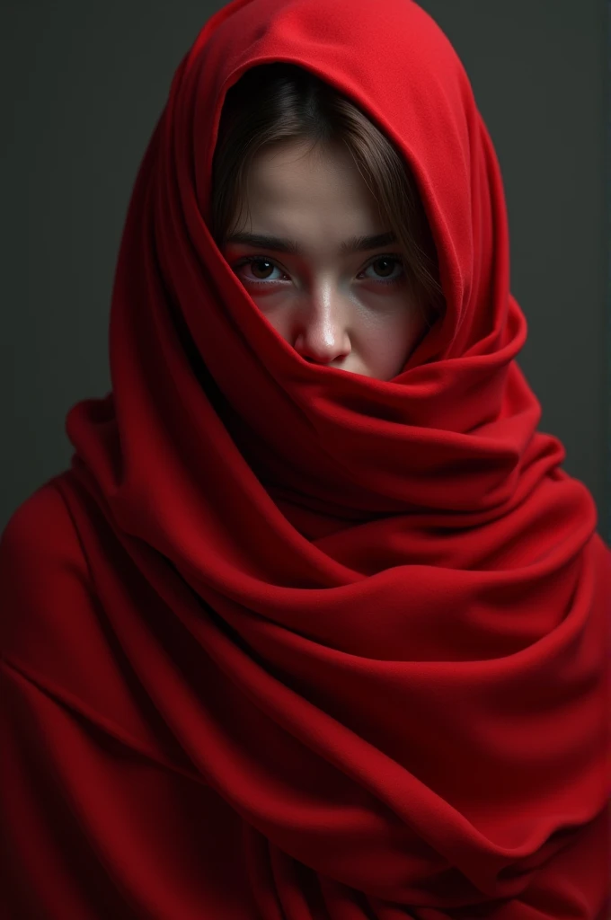 Woman with red scarf covering her head and body with black eyes.