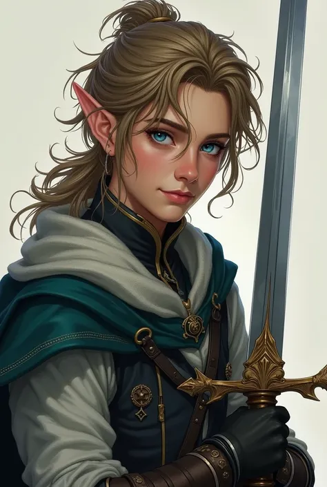 Adult Male elf with messy light brown hair and bright sapphire blue eyes, pleasant face, holding a sword
