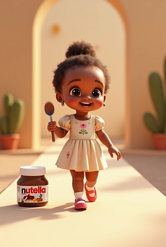 an adorable  baby, real smiling, wearing a dress a jar of Nutella, wearing on her feet wearing shoes matching the outfit, the baby holding a spoon in her hand, the baby walking on the catwalk, ultra realistic 4k moving camera.