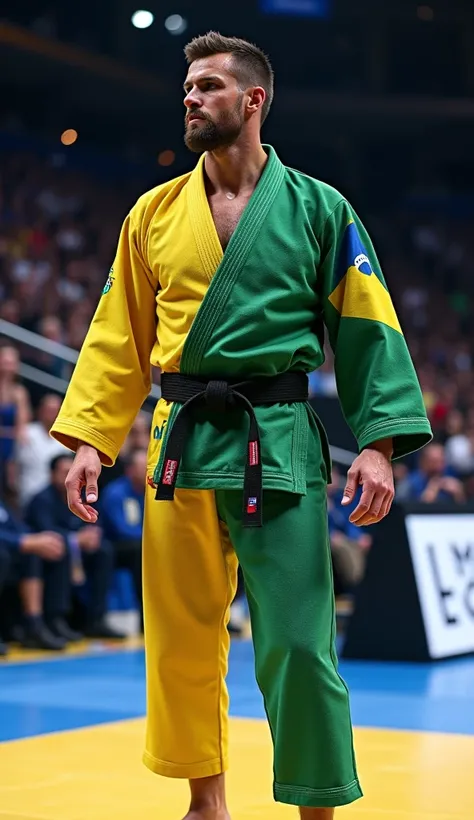 man wearing a tight-fitting jiu-jitsu kimono in the color of the Brazilian flag with a black belt around his waist , this is in a jiu-jitsu competition on the edge of the mat