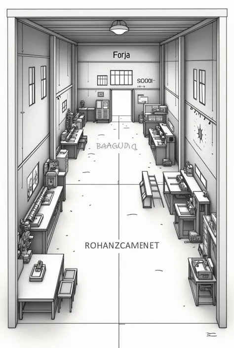 A layout of a metalworking workshop, only with lines, indicating each location with names in Portuguese 
