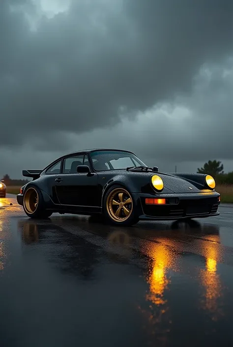 Classic Porsche 991, black body, gold rims, wet black road, yellow lights, cloudy weather