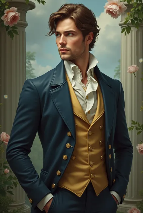 A tall man, White, brown hair and blue eyes. His physique is athletic and well proportioned., with artistic style and dreamy look. typical costumes of the regency era
