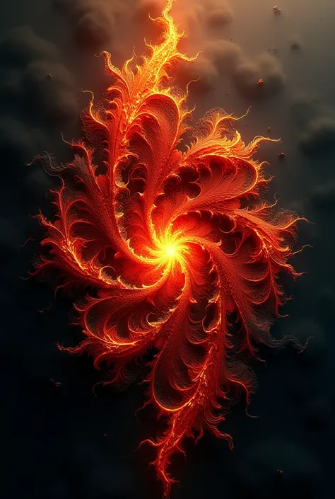 A fractal bifurcation diagram of the Burning Ship function. The image has a fiery red and orange hue, with a complex, branching pattern of shapes. The background is dark.