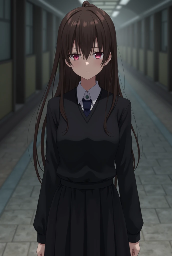 Middle school girl, with long brown straight hair, pink eyes, downward eyes, long black skirt, black japanese school shirt with long sleeves, D cups 