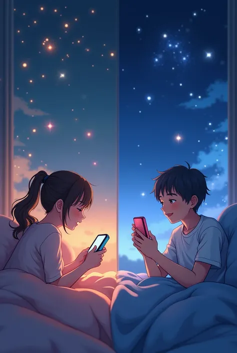 Two separate scenes in which Anime girl and boy are chatting on their cell phones in different locations. The girl is on her bed with her dark brown hair spread on her pillow. The boy is laying under the sky full of stars. Both are happy. Both are looking ...