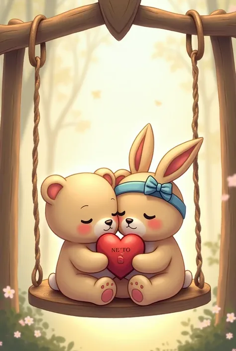 Two cute cream-colored bears and rabbits are sitting and hugging each other romantically on a scale attached by chains and a wooden seat. And two pillows. One has its eye slightly closed. And one has a blue Sinho on its head. The other is staring at the on...