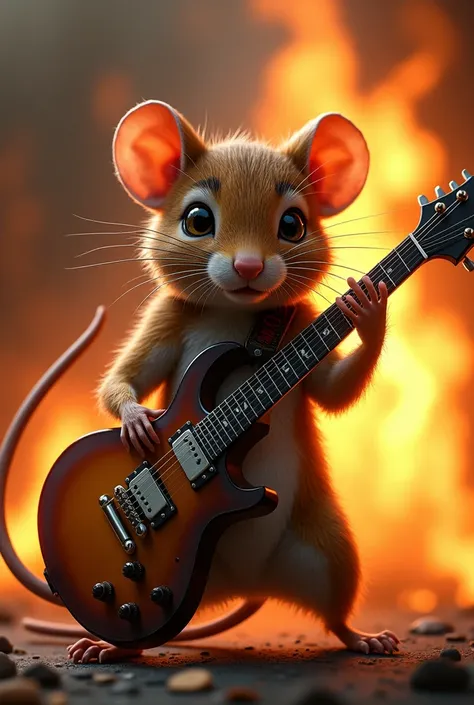 A mouse, playing another electric guitar, with fire in the background, realistic