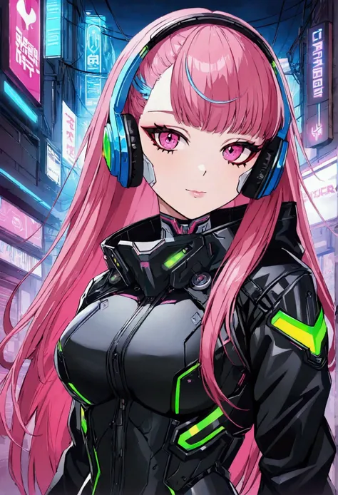 a anime girl with pink hair and headphones, fuschia skin, official character illustration, digiral art, android heroine, official character art, japanese illustrator, vtuber, character album cover, cyberpunk anime art, girl wearing headphones, high detaile...