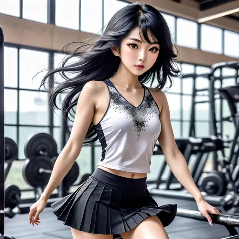 A young Japanese woman. In a short skirt and a very sensual top( intricate details), flowing black hair, makeup (intricate details).at the gym working out (intricate details). He&#39;s working out his legs (hyper-realistic, intricate details).her short ski...