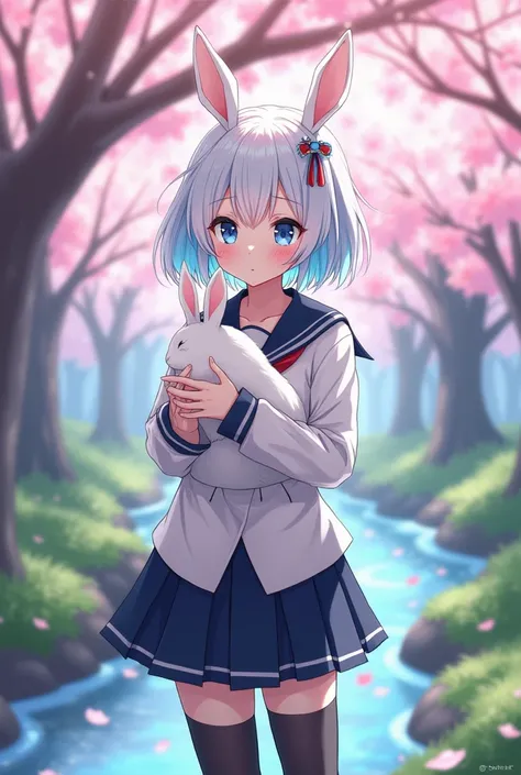 Drawing of a woman with white hair, blue hair ends, blue eyes, white bunny ears, holding a white rabbit under a cherry tree, wearing a beautiful and cute Japanese Sakura school uniform, black long stockings, full body drawing.(anime)
shill, Blushing, Knee-...