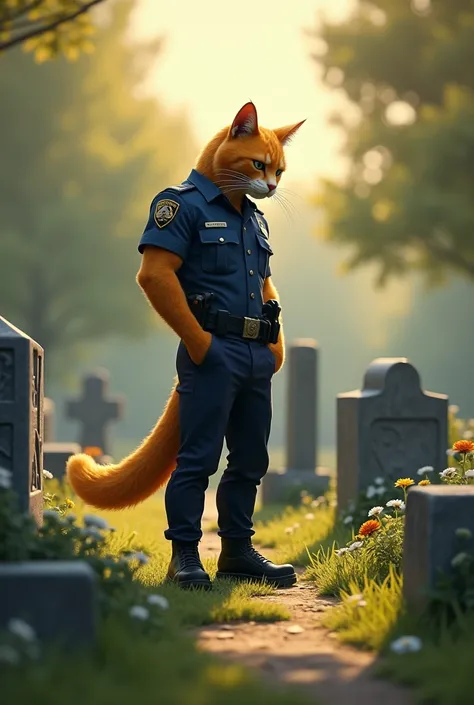 A humanoid, yellow orange-furred police officer muscular cat wearing police inuform and blue jeans and black shoes stands solemnly in a cemetery, gazing down at a gravestone adorned with flowers. The background features a peaceful setting with scattered he...