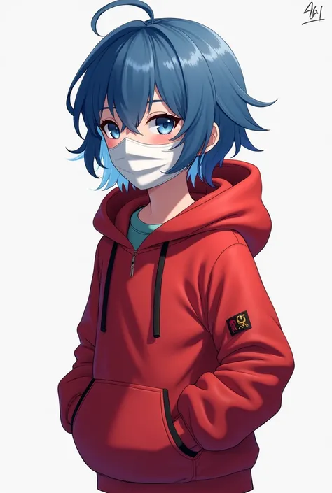 Short blue haired girl with red hooded jacket with white face mask 