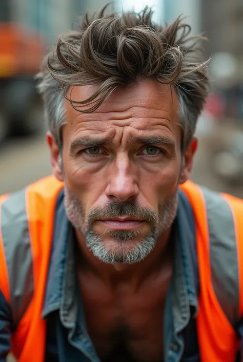 masterpiece, best quality, high resolution, closeup portrait, male focus, solo focus, A man, middle aged, with construction worker uniform, unbuttoned work clothes, construction worker, messy short hairstyle, cute and seductive face, hairy bare chest, body...