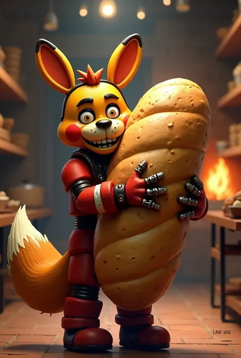 Foxy from Fnaf hugging a loaf of bread